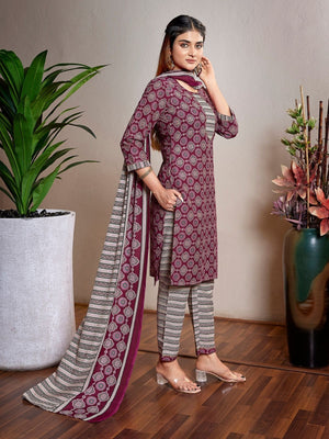 Rajwada Wine Cotton Blend Printed Stiched Kurta Set For Women