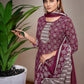 Rajwada Wine Cotton Blend Printed Stiched Kurta Set For Women