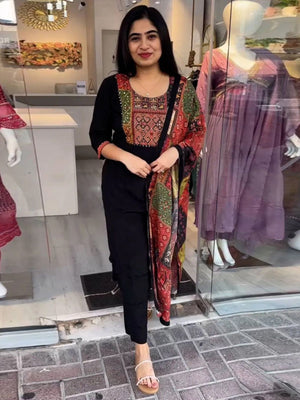 Rajwada Black Viscose Printed Stiched Kurta Set For Women