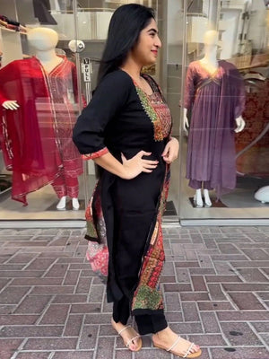 Rajwada Black Viscose Printed Stiched Kurta Set For Women