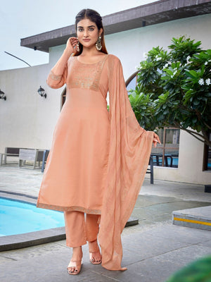 Rajwada Peach Cotton Blend Solid Stiched Kurta Set For Women