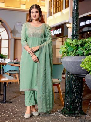 Rajwada Pista Green Cotton Blend Solid Stiched Kurta Set For Women