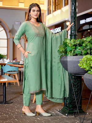 Rajwada Pista Green Cotton Blend Solid Stiched Kurta Set For Women