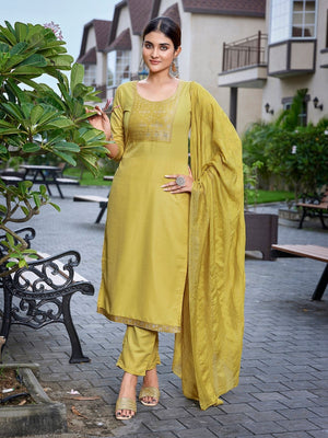 Rajwada Yellow Cotton Blend Solid Stiched Kurta Set For Women