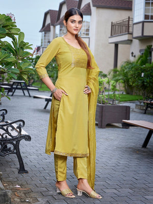 Rajwada Yellow Cotton Blend Solid Stiched Kurta Set For Women