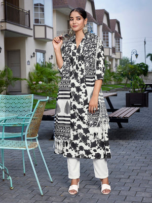Rajwada Black & White Viscose Printed Stiched Kurta Set For Women
