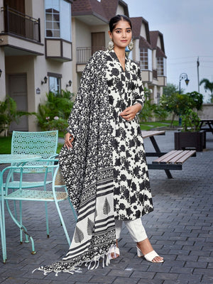 Rajwada Black & White Viscose Printed Stiched Kurta Set For Women