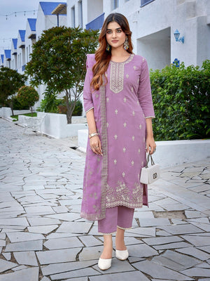 Rajwada Lavender  Silk Blend Embroidered Stiched Kurta Set For Women