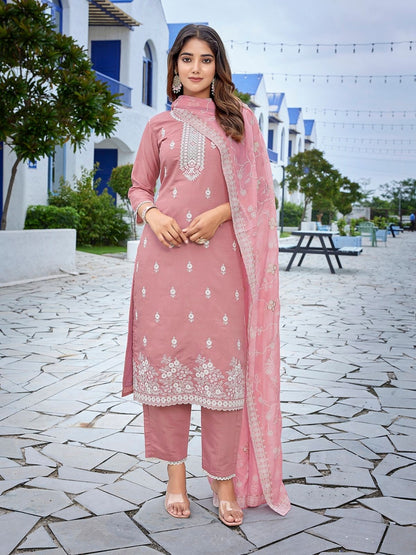 Rajwada Mauve Silk Blend Embroidered Stiched Kurta Set For Women
