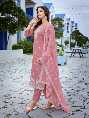 Rajwada Mauve Silk Blend Embroidered Stiched Kurta Set For Women