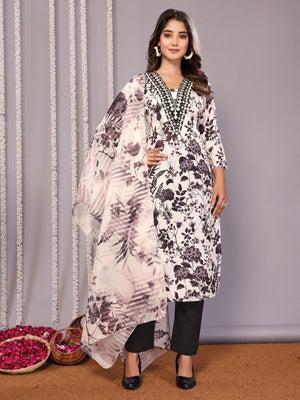 Rajwada White & Black Cotton Blend Printed Stiched Kurta Set For Women