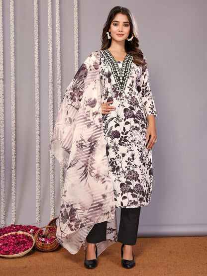 Rajwada White & Black Cotton Blend Printed Stiched Kurta Set For Women
