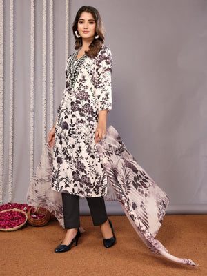 Rajwada White & Black Cotton Blend Printed Stiched Kurta Set For Women