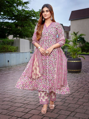 Rajwada Pink Viscose Printed Stiched Kurta Set For Women