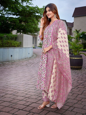 Rajwada Pink Viscose Printed Stiched Kurta Set For Women