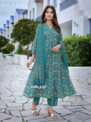 Rajwada Teal Blue Viscose Printed Stiched Kurta Set For Women