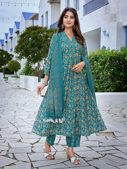 Rajwada Teal Blue Viscose Printed Stiched Kurta Set For Women