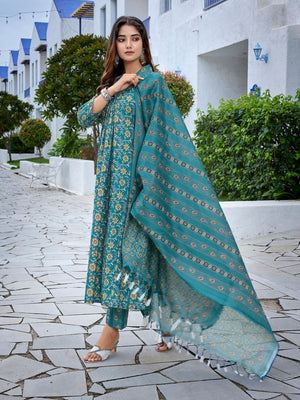 Rajwada Teal Blue Viscose Printed Stiched Kurta Set For Women