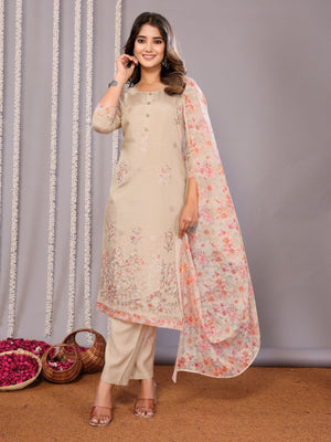 Rajwada Beige Silk Blend Embroidered Stiched Kurta Set For Women
