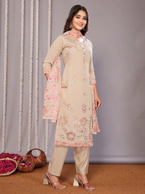 Rajwada Beige Silk Blend Embroidered Stiched Kurta Set For Women
