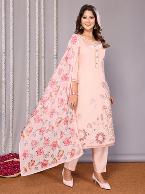 Rajwada Pink Silk Blend Embroidered Stiched Kurta Set For Women