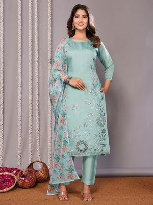 Rajwada Sea Blue Silk Blend Embroidered Stiched Kurta Set For Women