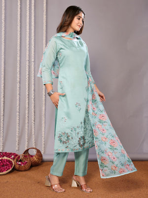 Rajwada Sea Blue Silk Blend Embroidered Stiched Kurta Set For Women