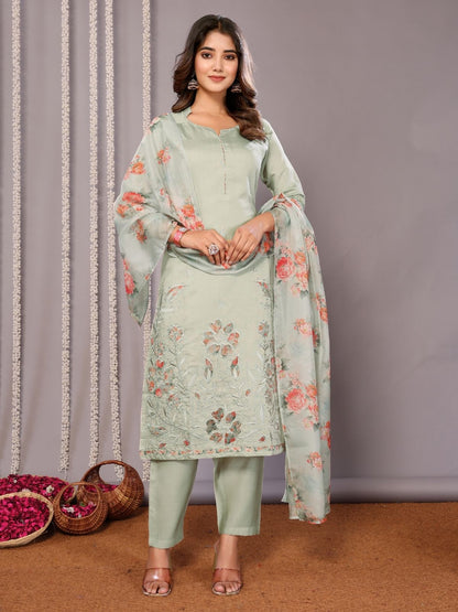 Rajwada Light Green Silk Blend Embroidered Stiched Kurta Set For Women