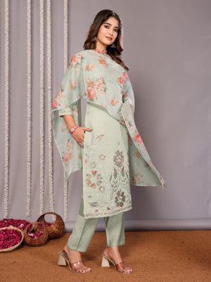 Rajwada Light Green Silk Blend Embroidered Stiched Kurta Set For Women