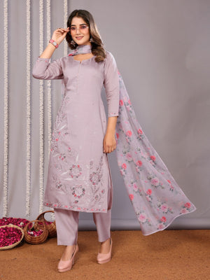 Rajwada Lavender Silk Blend Embroidered Stiched Kurta Set For Women