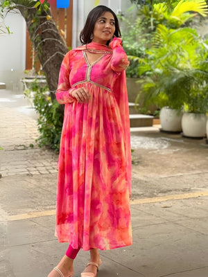 Rajwada Pink Georgette Printed Stiched Kurta With Dupatta For Women