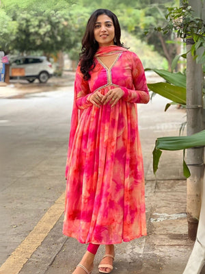 Rajwada Pink Georgette Printed Stiched Kurta With Dupatta For Women