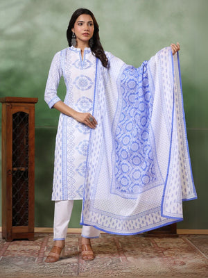 Rajwada White & Blue Viscose Printed Stiched Kurta Set For Women