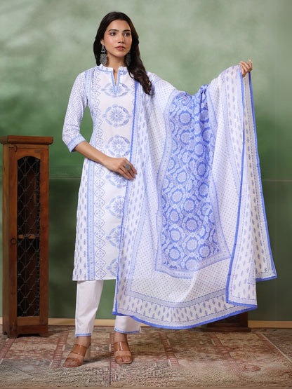 Rajwada White & Blue Viscose Printed Stiched Kurta Set For Women