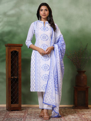 Rajwada White & Blue Viscose Printed Stiched Kurta Set For Women