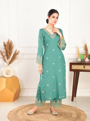Rajwada Teal Green Silk Blend Embroidered Stiched Kurta Set For Women