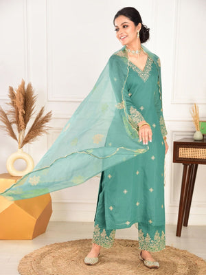 Rajwada Teal Green Silk Blend Embroidered Stiched Kurta Set For Women