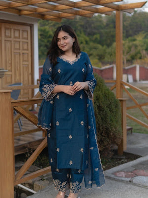 Rajwada Teal Blue Silk Blend Embroidered Stiched Kurta Set For Women