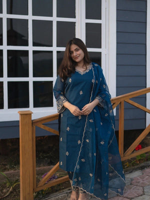 Rajwada Teal Blue Silk Blend Embroidered Stiched Kurta Set For Women