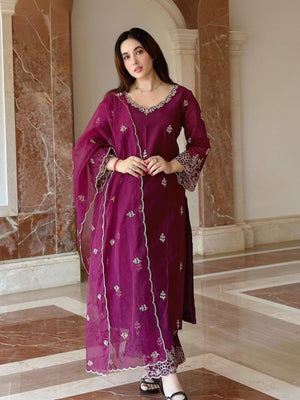 Rajwada Wine Silk Blend Embroidered Stiched Kurta Set For Women