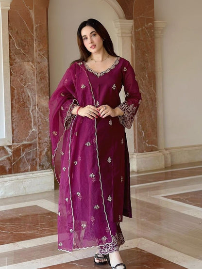 Rajwada Wine Silk Blend Embroidered Stiched Kurta Set For Women