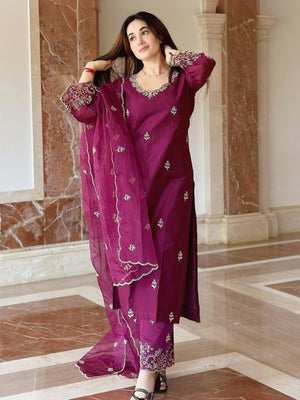 Rajwada Wine Silk Blend Embroidered Stiched Kurta Set For Women