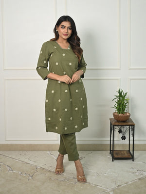 Rajwada Olive Green Cotton Blend Embroidered Stiched Kurta Set For Women