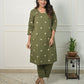 Rajwada Olive Green Cotton Blend Embroidered Stiched Kurta Set For Women