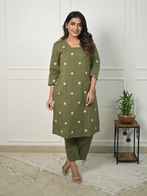 Rajwada Olive Green Cotton Blend Embroidered Stiched Kurta Set For Women