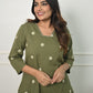 Rajwada Olive Green Cotton Blend Embroidered Stiched Kurta Set For Women