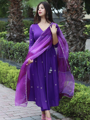 Rajwada Purple Viscose Embroidered Stiched Kurta Set For Women