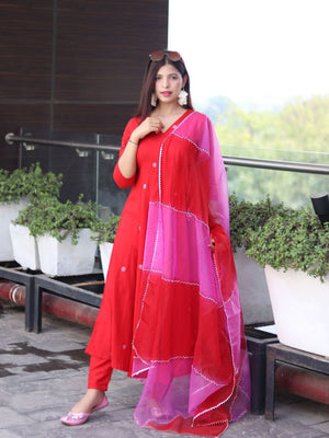Rajwada Red Viscose Embroidered Stiched Kurta Set For Women