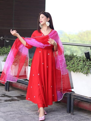 Rajwada Red Viscose Embroidered Stiched Kurta Set For Women