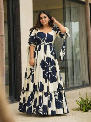 Rajwada White & Blue Cotton Blend Digital Printed Stitched Gown For Women